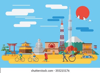 Flat design, Illustration of Japanese icons and landmarks