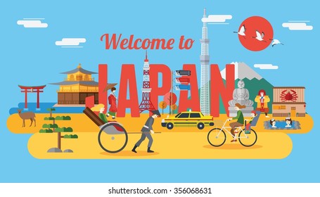 Flat design, Illustration of Japanese landmarks and icons