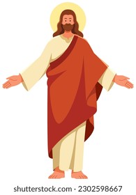 Flat design illustration of Jesus Christ with his arms spread out, wearing a long robe on white background.