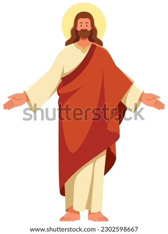 Flat design illustration of Jesus Christ with his arms spread out, wearing a long robe on white background.