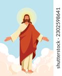 Flat design illustration of Jesus in the clouds, with his arms spread out, wearing a long robe and a halo around his head.