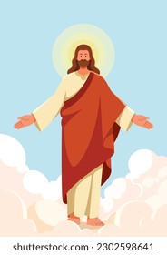 Flat design illustration of Jesus in the clouds, with his arms spread out, wearing a long robe and a halo around his head.