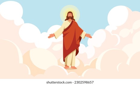 Flat design illustration of Jesus in the clouds, with his arms spread out, wearing a long robe and a halo around his head.