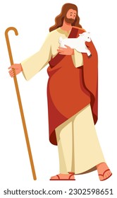 Flat design illustration with Jesus as shepherd holding lamb in one hand and shepherd staff in the other.