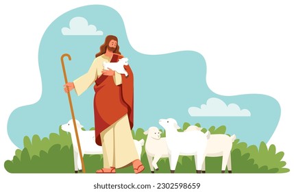 Flat design illustration with Jesus as shepherd holding lamb in his hand while herding the other sheep.