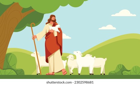 Flat design illustration with Jesus as shepherd holding lamb in his hand while herding the other sheep. The background is hilly landscape with cloudy sky.