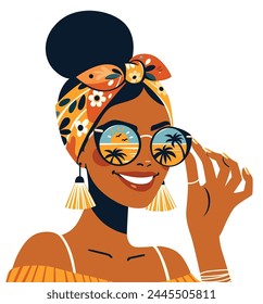 Flat design illustration of a joyful woman with sunglasses reflecting palm trees, celebrating summer.