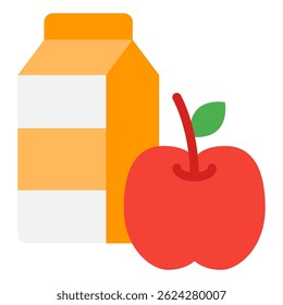 Ilustração de design plano de uma caixa de suco e maçã, ideal para alimentos, nutrição ou promoções de estilo de vida saudável.