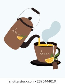 Flaches Design mit Kettle und Cup of Lemon Tea
