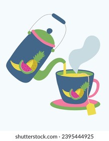  Flat Design Illustration with Kettle and Cup of Fruits Tea