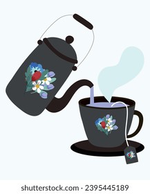Flat Design Illustration with Kettle and Cup Of Flowers Tea