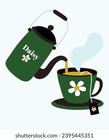 Flat Design Illustration with Kettle and Cup Of Daisy Tea