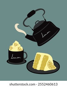  Flat Design Illustration with Kettle and Cup, Slice Cake at Lemon Taste