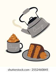  Flat Design Illustration with Kettle and Cup, Slice Cake at Orange Taste