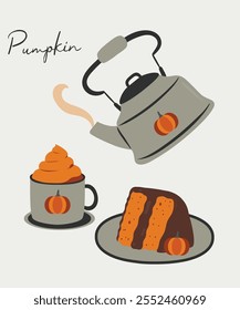  Flat Design Illustration with Kettle and Cup, Slice Cake at Pumpkin Taste