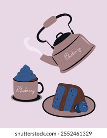 Flat Design Illustration with Kettle and Cup, Slice Cake at Blueberry,Chocolate Taste