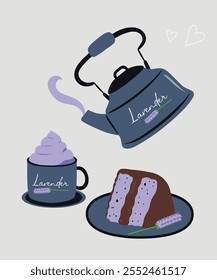  Ilustración de diseño plano con caldera y taza, rebanada de pastel en lavanda, sabor a chocolate