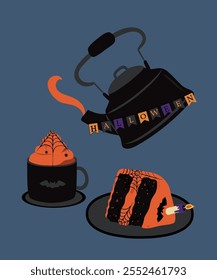  Flat Design Illustration with Kettle and Cup, Slice Cake at Halloween Taste