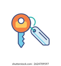 A flat design illustration of a key with tag icon on a White Background, minimal style.