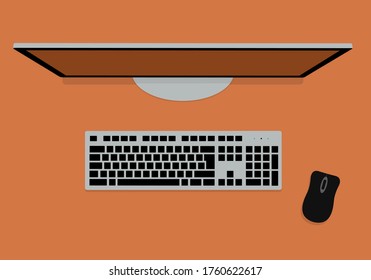 Flat design illustration of keyboard, monitor and computer mouse on orange table top. Suitable for banner about technology - vector