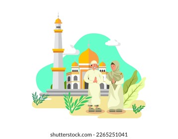 Ilustración de diseño plano de niños disculpándose con su madre frente a una mezquita