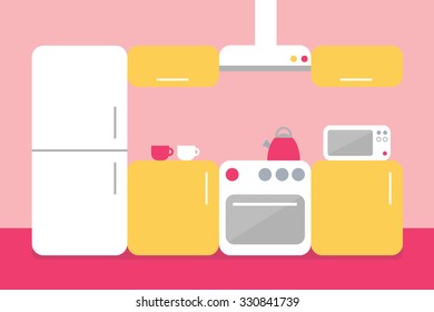 Flat design illustration of kitchen. Flat design room interior.