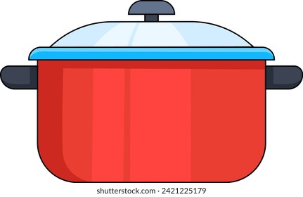 Flachdesign-Illustration von Küchenutensilien, roter Edelstahlpfanne, kreative Zeichnung 