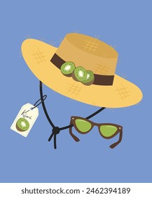 Flat Design Illustration at Kiwi Hat Straw and Sunglasses, Sale Tag