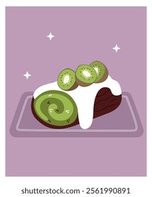 Flat Design Illustration with Kiwi Roll Cake with Vanilla Cream on a plate