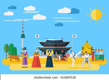 Flat Design, Illustration Of Korean Landmarks And Icons