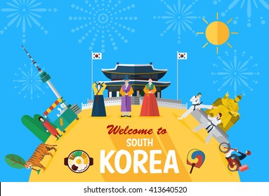 Flat Design, Illustration Of Korean Landmarks And Icons