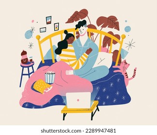 Flat design illustration of l lovely couple in pajamas cuddling in bed and watching movie on a laptop