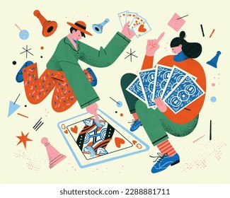 Flat design illustration of l young couple spending time and playing card game together.