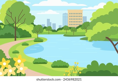 Flat Design Illustration of Lake River in City Park with Green Trees in Bright Day