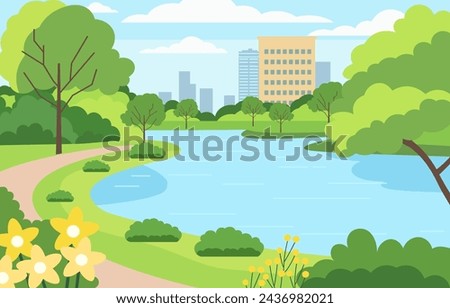 Flat Design Illustration of Lake River in City Park with Green Trees in Bright Day