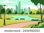 Flat Design Illustration of Lake View in City Park with Cityscape in Bright Day