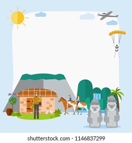 Diseño plano, Ilustración de monumentos e iconos en la isla de Jeju, Corea del Sur, vector