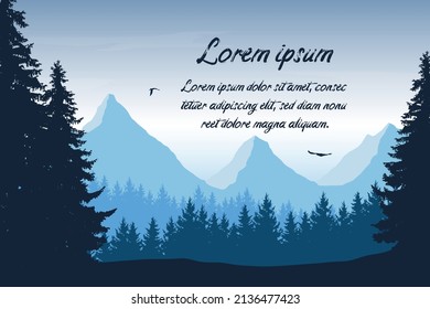 Flat design illustration of landscape with forest, mountains and flying birds. Blue sky with clouds and text - vector suitable for advertising or banner