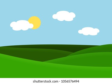 Flat design illustration of landscape with meadow and hill under blue sky with sun and clouds - vector