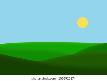 Flat design illustration of landscape with meadow and hill under blue sky with sun - vector