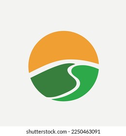 Flat design illustration of landscape with meadow and hill under blue sky with sun