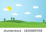 Flat design illustration of landscape with meadows and hills. Green trees under blue sky with sun and white clouds - vector