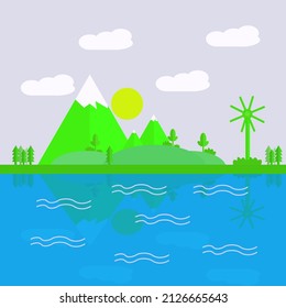 Flat design illustration landscape mountains mirror and rivers.
