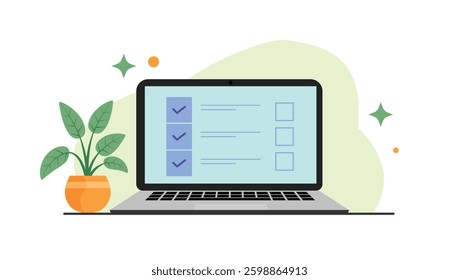 A flat design illustration of a laptop computer displaying a checklist interface.