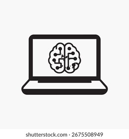 Ilustración de diseño plano de una computadora portátil con un cerebro digital que simboliza la inteligencia artificial, el aprendizaje automático y la tecnología informática moderna. Representa la innovación en IA, redes neuronales, ciencia de datos