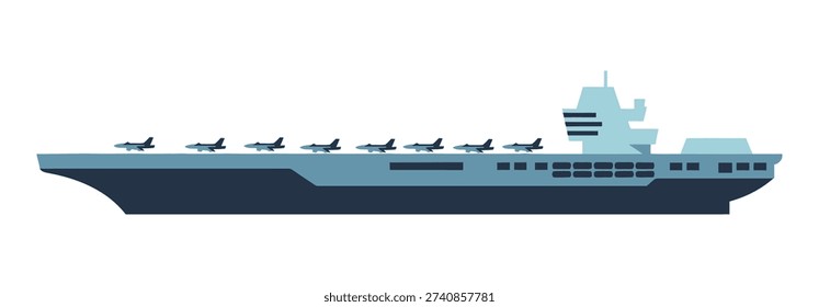 A flat design illustration of a large aircraft carrier with multiple fighter jets lined up on its deck, depicted in a side profile view.
