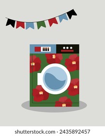  Flat Design Illustration with Laundry Machine at Red Flowers