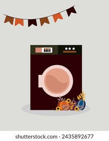 Flache Design-Illustration mit Waschmaschine und Kürbisse, Sonnenblumen