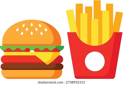 A flat design illustration of a layered hamburger with a sesame seed bun next to a red carton of french fries.