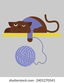 Flat Design Illustration with Lazy Cat and Thread Ball
